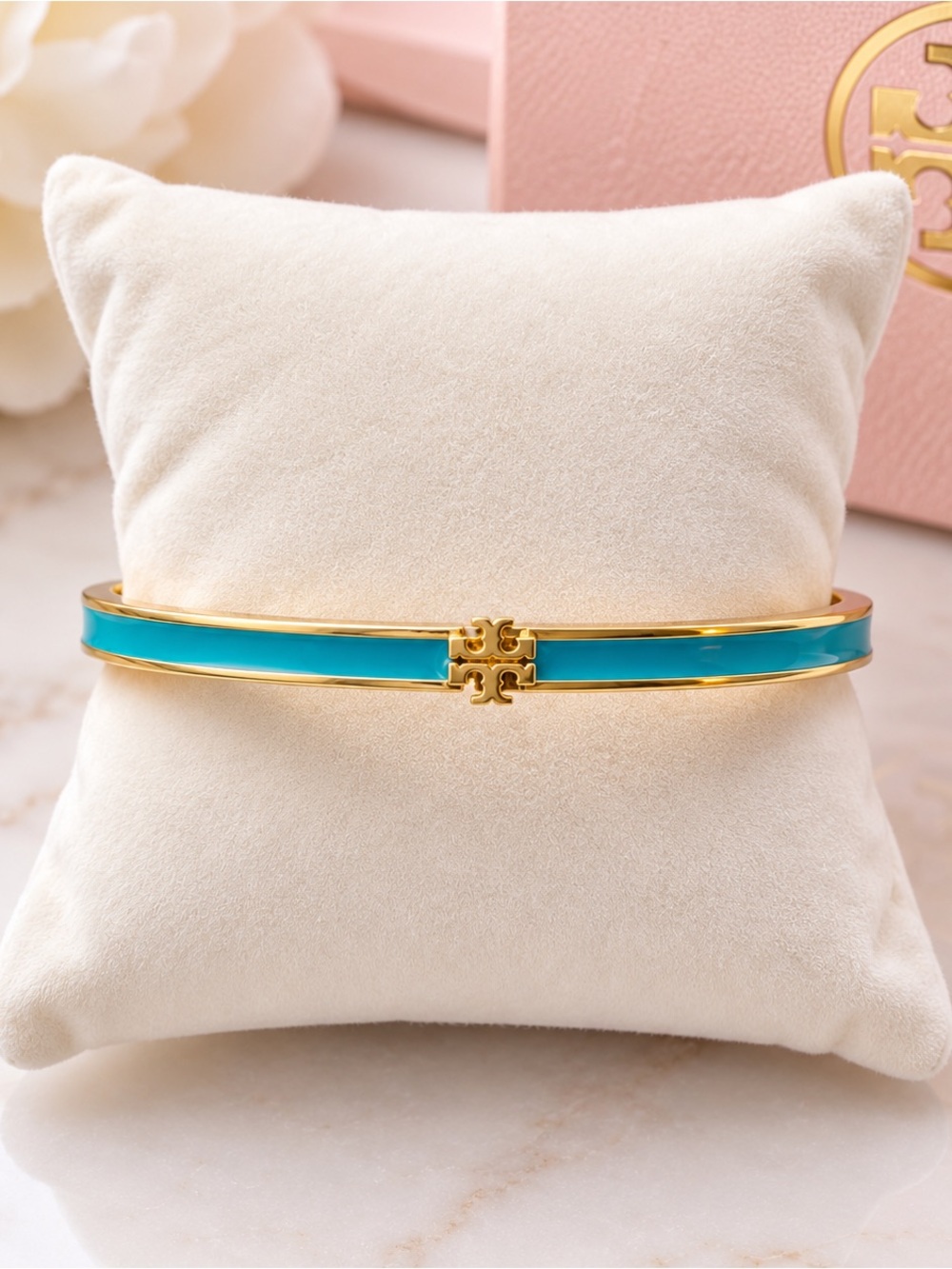 Tory Burch Gold-Tone Turquoise Enamel Logo Hinged Bangle